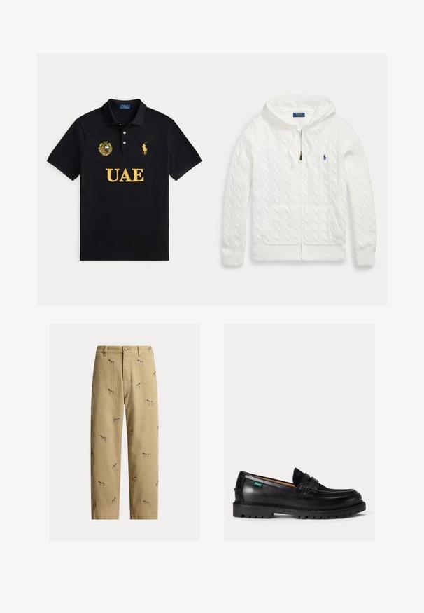 Sweat à capuche blanc en maille torsadée avec fermeture éclair, poches avant et petit logo bleu Polo Ralph Lauren sur la poitrine.; Polo noir avec texte jaune UAE, emblème UAE sur la poitrine gauche et logo joueur de polo Ralph Lauren jaune sur la poitrine droite.; Pantalon en velours côtelé beige avec motifs brodés de chiens, coupe droite, cinq poches et fermeture à bouton devant.; Mocassin en cuir noir avec semelle épaisse, bout arrondi et étiquette verte Polo sur le côté.