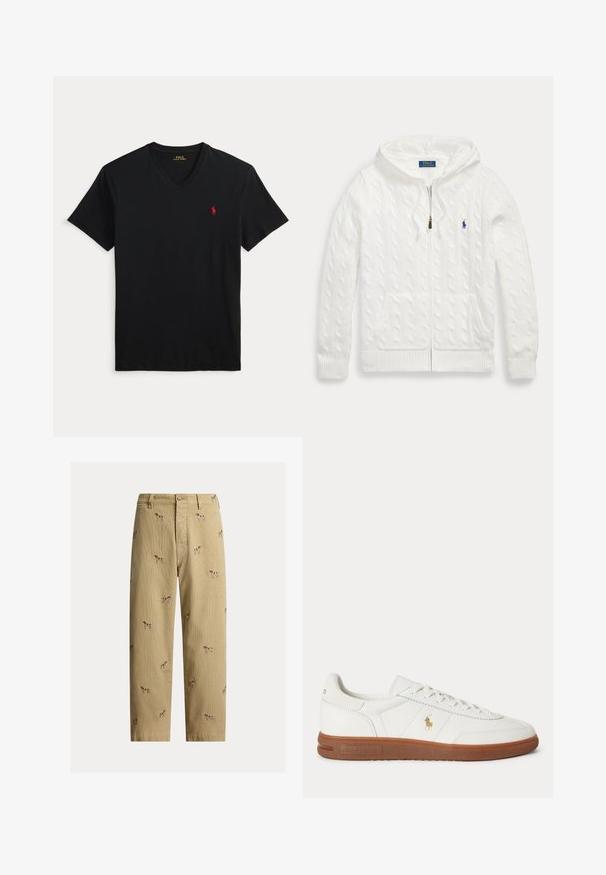 Weißer, kabelgestrickter Kapuzenpullover mit Reißverschluss, Fronttaschen und kleinem blauem Polo Ralph Lauren-Logo auf der Brust.; Schwarzes T-Shirt mit V-Ausschnitt und kurzen Ärmeln sowie kleinem rotem Polo Ralph Lauren Logo auf der linken Brust.; Beige Cordhosen aus Cord mit bestickten Hundemotiven, geradem Beinschnitt und Fünf-Taschen-Design mit vorderem Knopfverschluss.; Weißer Sneaker mit niedrigem Schnitt, brauner Sohle, Schnürung vorne und kleinem goldfarbenem Polo Ralph Lauren Logo an der Seite.