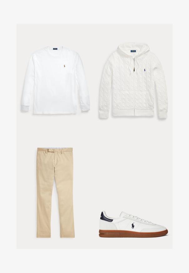 Valge soonikkoes lukuga dressipluus eest taskute ja väikese sinise Polo Ralph Laureni logoga rinnal.; Valge pikkade varrukatega ümara kaelusega särk, vasakul rinnal väike tikkimismärgiga Polo Ralph Laureni logo.; Beeži sirgete säärega püksid vööaasade ja ees oleva tõmblukuga, laotatud tasaselt valgele taustale.; Valge madala säärega toss pruuni tallaga, musta kandutükiga, polo mängija tikandiga logoga ja valgete nööridega.