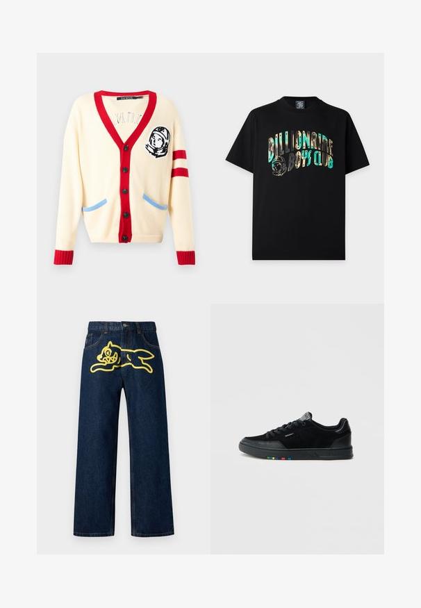 Cremefarvet cardigan med rødt V-halsudskæring, ribstrikkede manchetter og blå lommeaccenter. Har astronautbroderi på venstre bryst. Seks sorte knapper.; Sort T-shirt med korte ærmer med teksten "Billionaire Boys Club" i blå og beige camouflage og en astronaut-hjelm grafik på brystet.; Mørkeblå denim jeans med et stort gult grafisk motiv af en springende karakter på baglommen. Lige ben design med standard syninger.; Sorte sneakers i ruskind med en glat tekstur, der har en sort gummisål og flerfarvede detaljer på sålens yderside.