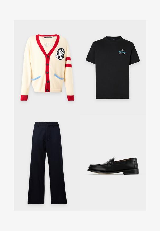 Cremefarbener Cardigan mit rotem V-Ausschnitt, gerippten Bündchen und blauen Taschenakzenten. Mit Astronauten-Stickerei auf der linken Brust. Sechs schwarze Knöpfe.; Schwarzes Baumwoll-T-Shirt mit einem dreieckigen Berggrafik in Weiß und Blau, mit kurzen Ärmeln und rundem Halsausschnitt.; Schwarze hoch taillierte weite Hose mit Gürtelschlaufen, vorderem Knopf und Reißverschluss vor einem schlichten weißen Hintergrund.; Schwarzer Leder-Herrenschuh (Loafer) mit niedrigem Absatz und Mokassin-artiger Naht am Zehenbereich, seitlich auf einfarbigem Hintergrund dargestellt.