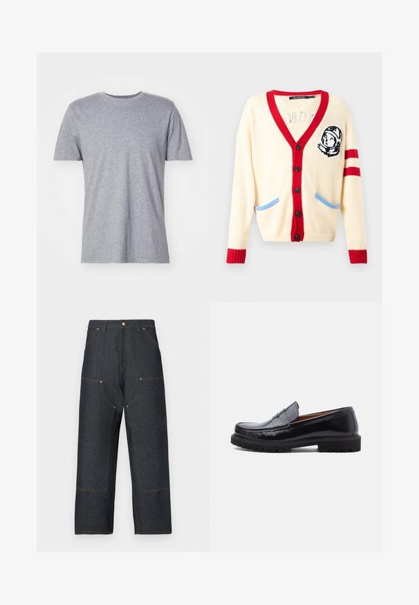 Cárdigan crema con cuello en V rojo, puños acanalados y detalles azules en los bolsillos. Presenta un bordado de astronauta en el pecho izquierdo. Seis botones negros.; Camiseta gris de manga corta hecha de una mezcla de algodón, con un clásico cuello redondo y una textura lisa y suave.; Vaqueros de mezclilla azul oscuro con diseño de pierna ancha, que presentan costuras contrastantes en color naranja, bolsillos delanteros y un cierre clásico de botón.; Mocasines de penny de cuero negro con suela de goma gruesa y costura tipo moc, presentados de perfil sobre un fondo blanco.