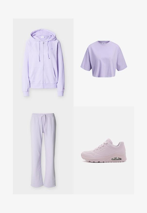 Lyse lilla hættetrøje med lynlås, snore, forlommer, ribbede manchetter og en lille broderet logo på brystet og ærmet.; Lilla kortærmet T-shirt med rund halsudskæring og afslappet pasform.; Lys lilla joggebukser med snor og elastisk talje samt lige ben på hvid baggrund.; Lyserød sneaker med en glat syntetisk overdel, perforerede detaljer, rund tå, snørebåndsdesign og en synlig luftdæmpningsenhed i sålen.