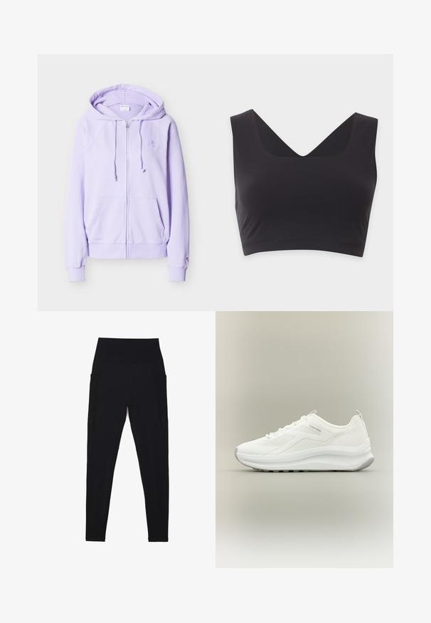 Sweat à capuche violet clair zippé avec cordons, poches frontales, poignets côtelés et un petit logo brodé sur la poitrine et la manche.; Crop top noir sans manches avec de larges bretelles et un profond décolleté en V sur un fond clair uni.; Leggings noirs avec une taille haute côtelée, un design sans coutures, des poches latérales et une texture lisse sur toute la surface.; Baskets blanches Calvin Klein avec texture maille, design lacé, semelle épaisse et languette au talon, présentées sur un fond neutre.