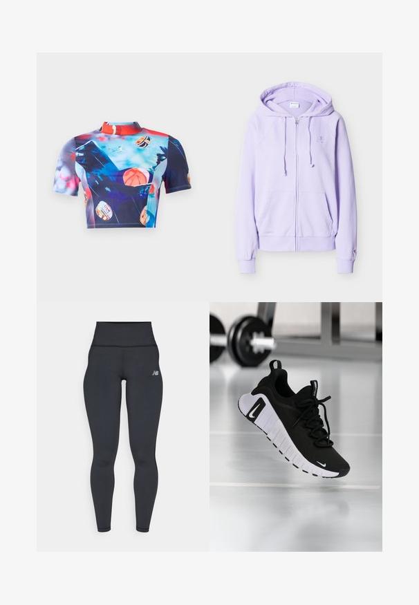 Lichtpaarse zip-up hoodie met trekkoorden, zakken aan de voorkant, geribbelde manchetten en een klein geborduurd logo op de borst en mouw.; Korte mouw cropped top van rekbare, gladde stof met een levendige meerkleurige print met basketbalmotieven en een ontwerp met hoge kraag.; Zwarte high-waisted sportlegging met een getailleerd ontwerp, een soepele textuur en een klein wit logo op de linkse heup.; Zwarte sportschoen met een textuurstof bovenwerk, witte zool en een opvallend vetersysteem. Voorzien van een Nike-logo en een zacht, gedempt ontwerp.