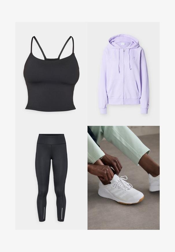 Lyse lilla hættetrøje med lynlås, snore, forlommer, ribbede manchetter og en lille broderet logo på brystet og ærmet.; Sort tætsiddende camisole lavet af glat stof, med tynde stropper og rund halsudskæring, uden yderligere mønstre eller accenter.; Sorte leggings lavet af strækbart materiale med høj talje, der har reflekterende detaljer nær anklerne og en glat overflade.; Hvid sportssko med en overdeles i mesh, gummisål og design med tre striber. Snørebåndene justeres; let grå og mintgrønne klæder synlige.