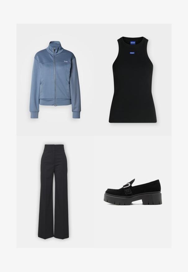 Blå zip-up jakke lavet af et blødt, glat stof. Har en høj krave, sidelommer og "BOSS" logoet i hvidt på brystet.; Sort ærmeløs tanktop med rund hals og lille blåt Hugo-logo på brystet og indersiden af kraven.; Bredbenede bukser i sort stof med høj talje, der har en ren finish og glat tekstur. Ingen synlige detaljer eller mønstre.; Sort ruskindslipper med kraftig sål, sølvspænde og præget "HUGO" på sidesnoren, vist fra ydersiden.