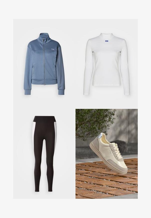Modrá bunda na zips vyrobená z mäkkej, hladkej tkaniny. Obsahuje vysoký golier, bočné vrecká a logo "BOSS" v bielej farbe na hrudi.; Biely dlhý rukáv turtleneck top vyrobený z elastického materiálu, s priliehavým strihom a malým modrým logom na hrudi.; Čierne legíny s širokým pásom, s bielymi bočnými panelmi. Vyrobené z elastickej tkaniny s hladkou textúrou, prispôsobený strih.; Béžová a krémová teniska so strieborným detailom na päte, viazanie šnúrok, umiestnená nad dlaždenou drevenou plochou s rozostrenou zeleňou a stenou v pozadí.