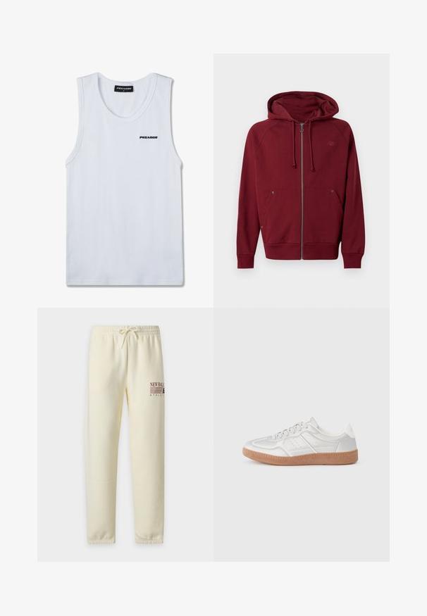 Sweat à capuche zippé couleur bordeaux avec cordons de serrage, poches avant, poignets et ourlet côtelés, et un logo discret sur la poitrine gauche.; Débardeur blanc sans manches en maille côtelée avec logo noir "PEGADOR" sur la poitrine et étiquette de taille à l'intérieur de l'encolure.; Pantalon de survêtement couleur crème avec taille élastique et cordon de serrage, avec le logo New Balance Athletics sur la partie supérieure de la jambe gauche.; Baskets argentées avec une texture lisse, un design à lacets, des accents perforés et une semelle en caoutchouc marron texturé.