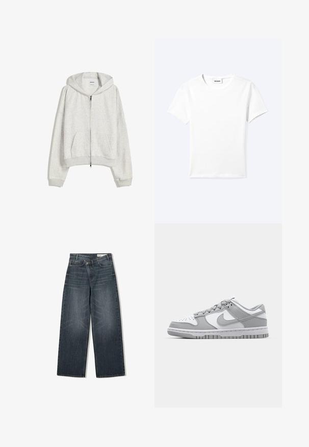 Lichtgrijze cropped hoodie van zachte stof; heeft een voorrits, grote capuchon en ribbelboorden aan de mouwen en onderkant; bevat zijzakken.; Effen wit T-shirt met korte mouwen en ronde hals met een klein "WEEKDAY" label aan de binnenkant van de hals, plat neergelegd op een lichte achtergrond.; Donker gewassen spijkerbroek met een wijde pijpdesign, voorzien van een hoge taille, vijf zakken en subtiele wassing aan de voorkant.; Grijze en witte lage sneakers van leer en suede, met een geperforeerde neus en rubberen buitenzool. Bevat een prominente swoosh-logo.