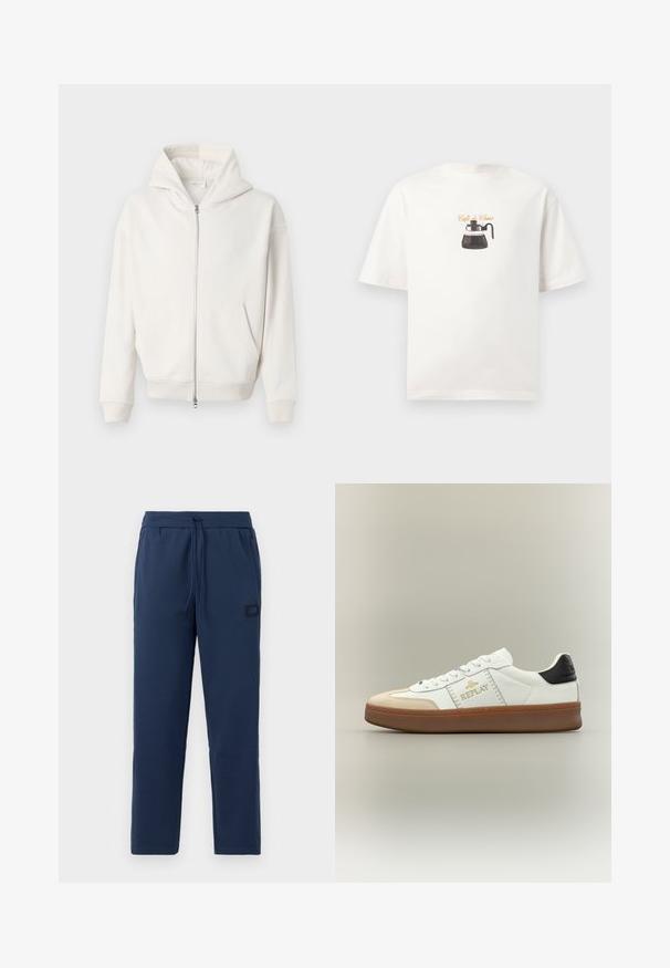 Crème-kleurige zip-up hoodie van zachte stof, met een grote capuchon, kangoeroe zakken en geribbelde manchetten en zoom.; Witte katoenen t-shirt met een grafisch ontwerp van een koffiepot en de tekst "Café du Choix" in cursief erboven. Korte mouwen, ontspannen pasvorm.; Donkerblauwe joggingsbroek van een zachte katoenmix, met een elastische tailleband met trekkoord en een klein merkje op de heup.; Witte sneaker met een beige suède neus, gouden logodetail, zwarte hielaccent en een bruine rubberen zool. Klassiek laag model.