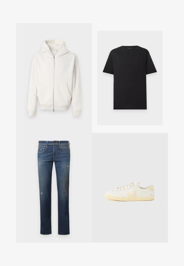 Cremefarbenes Zip-Hoodie aus weichem Material, mit einer großen Kapuze, Kängurutaschen und gerippten Bündchen und Saum.; Schwarzes T-Shirt mit kurzen Ärmeln und Rundhalsausschnitt, schlichtes Design, flach auf einem hellgrauen Hintergrund dargestellt.; Dunkelblaue Jeans aus Denim mit geradem Bein, die abgenutzte Stellen, dezente Ausbleichungen und ein traditionelles Fünf-Taschen-Design mit Knopfverschluss aufweisen.; Weiße Leder-Sneaker mit gelber Gummisohle, einem minimalistischen Design, abgerundeter Spitze und einem Logo-Akzent an der Seite und Ferse.