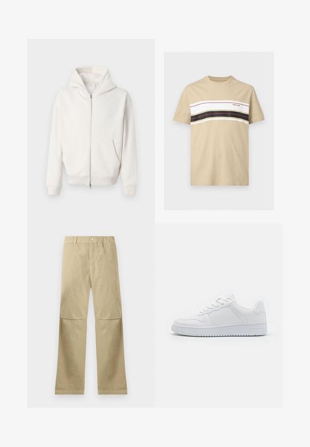 Cremefarvet zip-up hættetrøje lavet af blødt stof, der har en stor hætte, kengurulommer samt ribbede manchetter og kant.; Beige kortærmet T-shirt med vandrette hvide, sorte og røde striber hen over brystet og teksten "PIER ONE" på højre side.; Beige lige bukser med trykknaplukning, bæltestropper og syninger ved knæene, liggende fladt på en hvid baggrund.; Hvide sneakers lavet af glat syntetisk materiale, med flade snørebånd, perforeret tå og en gummisål med et tekstureret grebmønster.