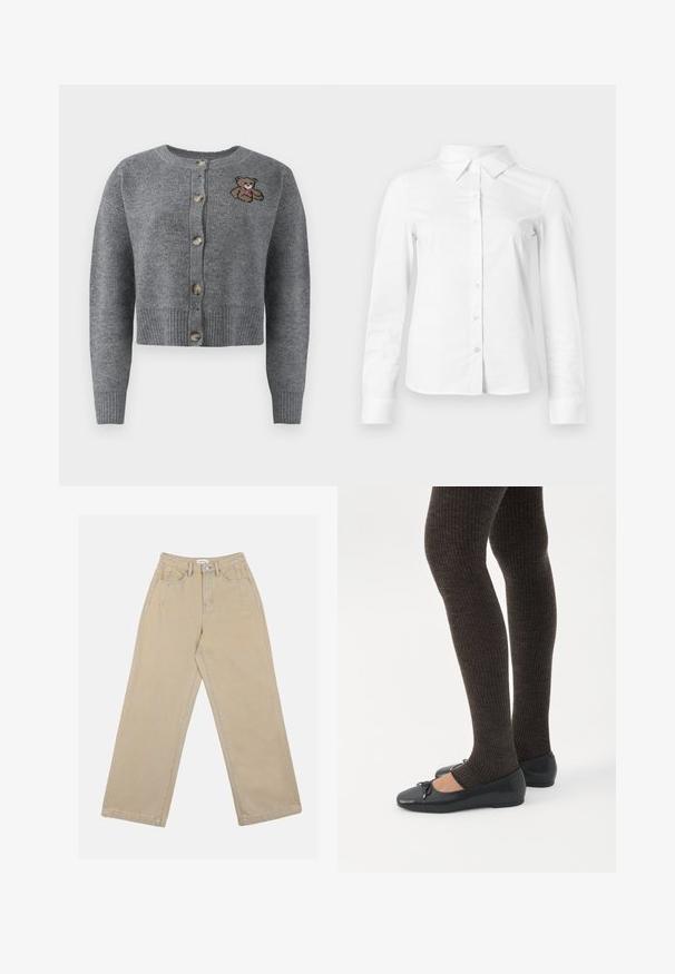 Grå strikket cardigan med rund halsudskæring, ribbet kant, fem knapper og en broderet bjørnedetalje på venstre side.; Hvid skjorte med lange ærmer, knapper, spids krave, lige kant og tætsiddende silhuet, vist på en ensartet lys baggrund.; Beige vidde benbukser lavet af denim, med høj talje, frontlommer og kontrast søm. Designet inkluderer en knaplukning.; Ben iført mørke ribbede leggings kombineret med sorte balletsko med små sløjfedetaljer på hvid baggrund.