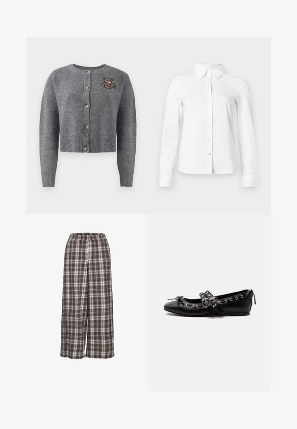 Grå strikket cardigan med rund halsudskæring, ribbet kant, fem knapper og en broderet bjørnedetalje på venstre side.; Hvid skjorte med lange ærmer, knapper, spids krave, lige kant og tætsiddende silhuet, vist på en ensartet lys baggrund.; Bredder bukser med ruder i brune, hvide og grå nuancer; elastisk talje; blødt stof; har et klassisk ternet mønster.; Sort flad balletsko med dobbelt spænde, sølvøjer og en lille sløjfe nær den runde tå på en hvid baggrund.
