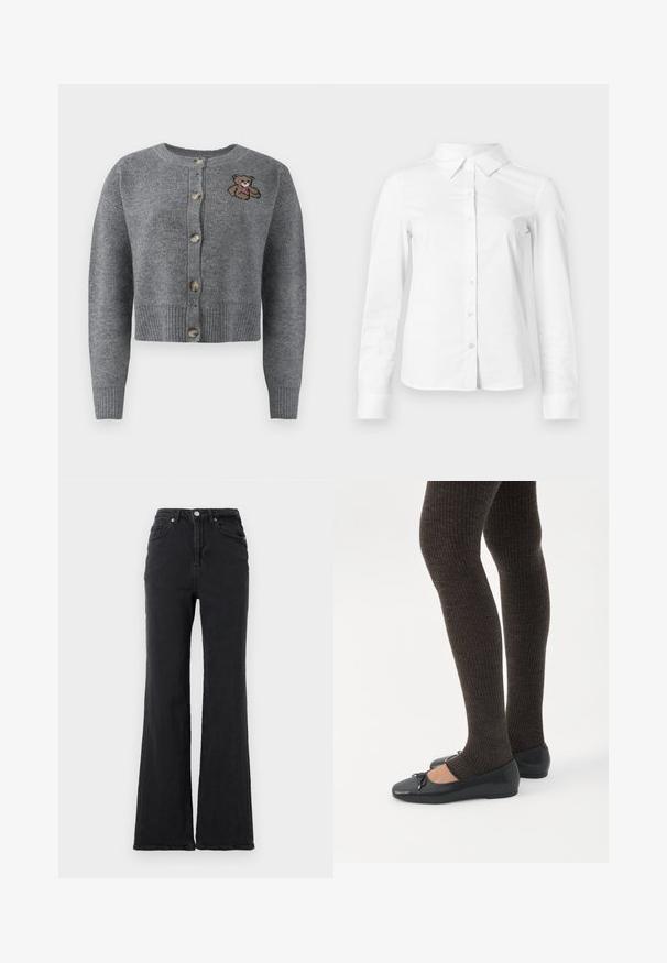 Cardigan gris de punto con cuello redondo, dobladillo acanalado, cinco botones y un detalle de oso bordado en el lado izquierdo.; Camisa blanca de manga larga con botones, cuello puntiagudo, bajo recto y silueta ajustada, presentada sobre un fondo claro y liso.; Jeans de mezclilla negros de cintura alta con pierna acampanada, botón frontal y diseño de cinco bolsillos sobre un fondo blanco liso.; Piernas con leggings oscuros acanalados combinados con bailarinas negras que presentan pequeños detalles de lazo sobre un fondo blanco.