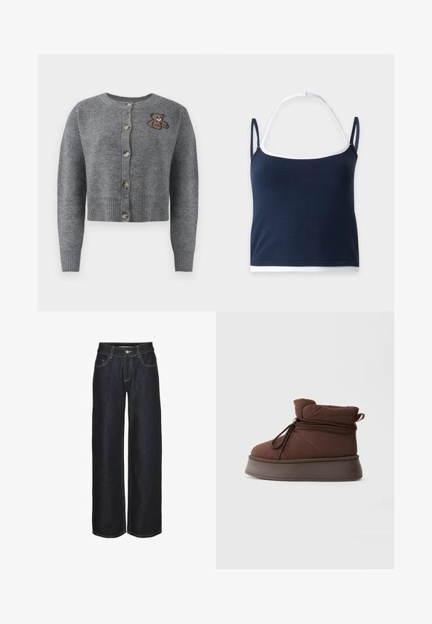 Grijze gebreide cardigan met een ronde hals, geribbelde onderrand, vijf knopen en een geborduurd berenmotief aan de linkerkant.; Marineblauwe mouwloze cropped tanktop met witte bies en verstelbare halterband op een effen achtergrond.; Donkerblauwe rechte jeans met voorzakken, riemlussen en gele contrasterende stiksels, weergegeven op een witte achtergrond.; Bruin gewatteerd winterboot met dikke zool en trekkoordsluiting tegen een effen lichte achtergrond.