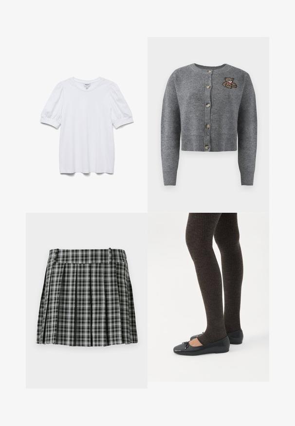 Grå strikket cardigan med rund halsudskæring, ribbet kant, fem knapper og en broderet bjørnedetalje på venstre side.; Hvid kortærmet top med rund halsudskæring og puffede ærmer. Lavet af glat stof, med et mærke mærket "AWARE."; Sort-hvidt ternet plisseret nederdel med en glat talje og flere lodrette folder. Fremstillet af let stof.; Ben iført mørke ribbede leggings kombineret med sorte balletsko med små sløjfedetaljer på hvid baggrund.