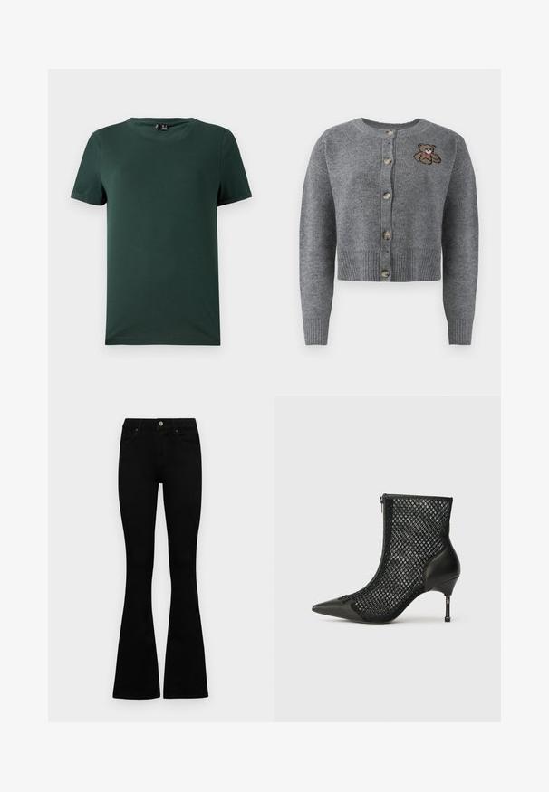 Cardigan gris de punto con cuello redondo, dobladillo acanalado, cinco botones y un detalle de oso bordado en el lado izquierdo.; Camiseta de manga corta verde oscura con cuello redondo, hecha de un tejido suave y liso. Presenta puños enrollados y un corte relajado.; Jeans negros de cintura alta con cierre de botón y cremallera, bolsillos frontales y piernas acampanadas, dispuestos sobre un fondo blanco.; Botín negro hasta el tobillo con puntera afilada, lados de malla, contrafuerte de cuero y un tacón de aguja delgado con un detalle metálico geométrico.