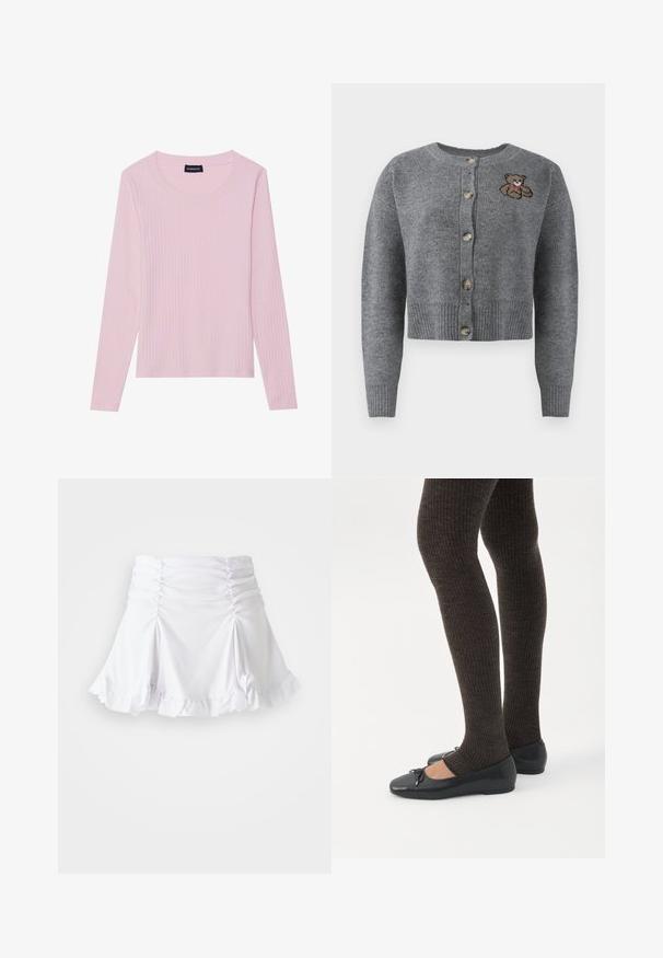 Grå strikket cardigan med rund halsudskæring, ribbet kant, fem knapper og en broderet bjørnedetalje på venstre side.; Lyserød langærmet ribbet top med rund halsudskæring og tætsiddende silhuet. Fremstillet af blødt, tekstureret stof. Minimalistisk design, ingen mønstre.; Hvid nederdel lavet af tekstureret stof med rynkedetaljer og bølger. Har en udvidet design med en tætsiddende talje.; Ben iført mørke ribbede leggings kombineret med sorte balletsko med små sløjfedetaljer på hvid baggrund.