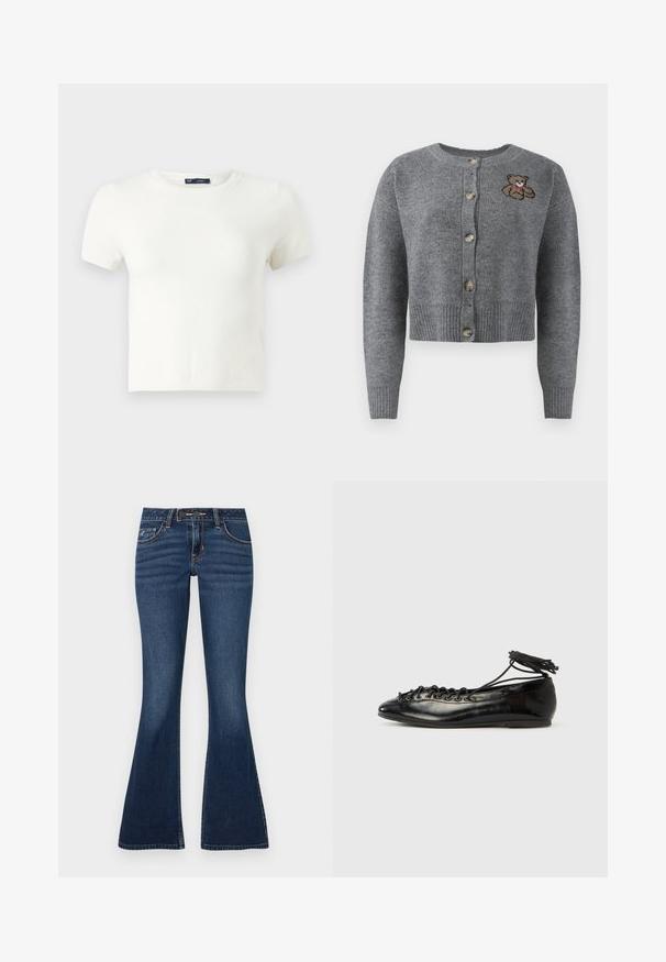 Cardigan gris de punto con cuello redondo, dobladillo acanalado, cinco botones y un detalle de oso bordado en el lado izquierdo.; Camiseta blanca de manga corta fabricada con un material suave. Presenta un clásico diseño de cuello redondo y un ajuste slim, sin patrones ni acentos visibles.; Jeans acampanados en denim azul oscuro, con un diseño clásico de cinco bolsillos, costuras en contraste y cierre frontal con cremallera y botón.; Zapatos planos tipo ballet de charol negro con punta redondeada, diseño con cordones y suela plana. Textura lisa con detalles mínimos.