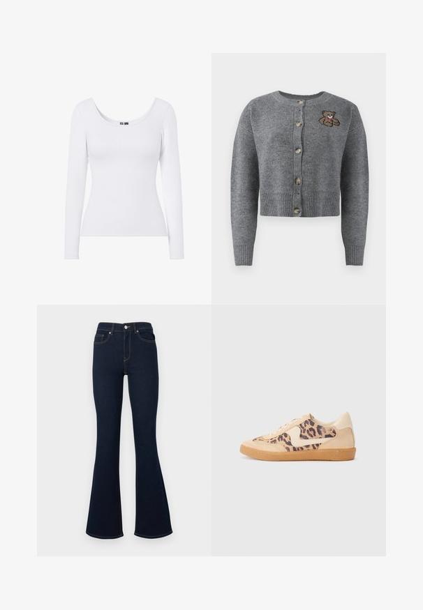 Grå strikket cardigan med rund halsudskæring, ribbet kant, fem knapper og en broderet bjørnedetalje på venstre side.; Hvid langærmet top med en rund halsudskæring og ribbet tekstur, designet til en tætsiddende silhuet. Ingen mønstre eller accenter.; Mørkeblå udvidede jeans med høj talje, forlommer og kontrastsyninger, lavet af denimstof med en glat tekstur.; Leopardprint sneakers med beige ruskindsoverdel, tan gummisål og hvide detaljer. Rund pegefinger og snørebåndsdesign med en tekstureret finish.