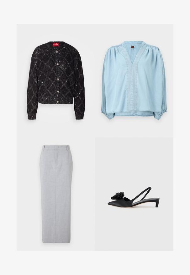 Sort cardigan med et funklende diamantmønster, knaplukning og ribbede manchetter. Fremstillet af et tekstureret materiale med en glansfuld finish.; Lyseblå langærmet bluse med V-hals, rynkede skuldre, lodrette syninger, elastiske ærmekanter og et lille Boss-mærke inde i kraven.; Grå skræddersyet blyantskirt lavet af glat stof. Har en lige skæring, flad front og ingen synlige lommer.; Sort satin slingback-sko med spids tå, der har en dekorativ tekstureret blomstermotiveret detalje og en lav, kittenhæl.