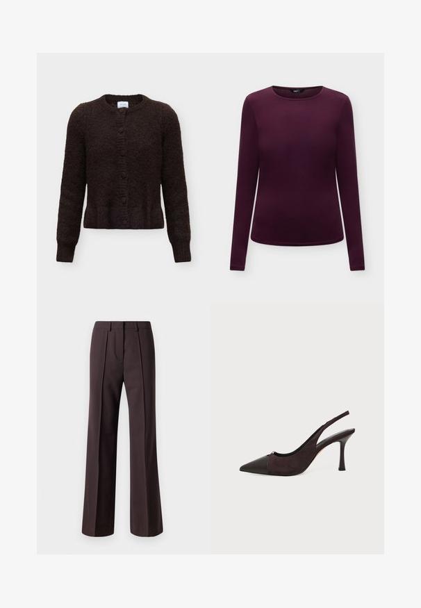 Donkerbruine, pluizige gebreide cardigan met lange mouwen, ronde hals en voorzijde met stof overtrokken knoopsluiting.; Donkerpaarse, aansluitende damesblouse met lange mouwen en ronde hals op een effen lichte achtergrond.; Wijdere broek in donkerbruine stof met een tailormade ontwerp, voorzien van voorplooien en een soepele textuur, geschikt voor formele gelegenheden.; Zwarte en donkerbruine leren en suède slingback hoge hak schoen met spitse neus en smalle stilettohak op witte achtergrond.