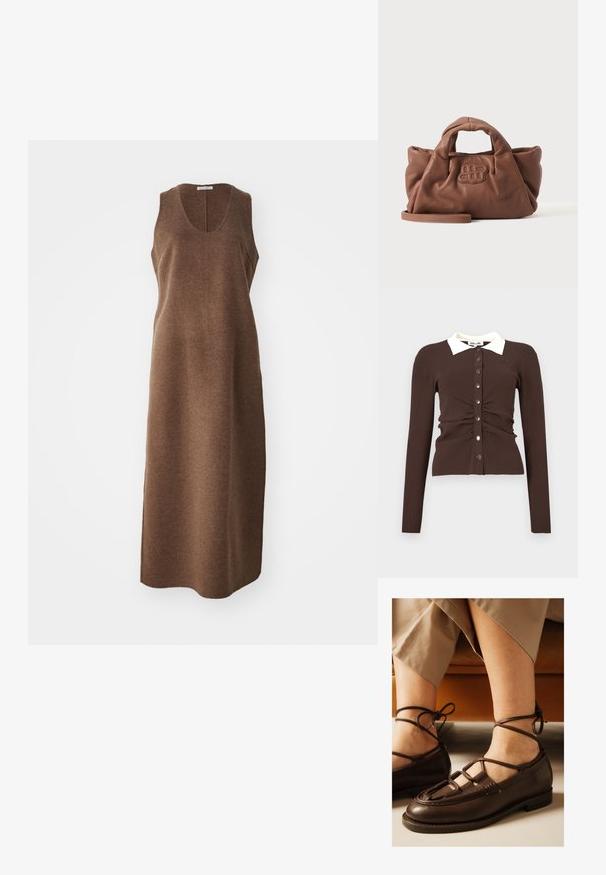 Brun ribstrikket cardigan med hvid krave, der har knaplukning foran og rynkedetaljer i siderne. Inkluderer lange ærmer.; Ærmeløs, knælængde brun uldkjole med rund udskæring og en lige, let tætsiddende silhuet.; Fødder iført brune læder snøresko med bånd viklet omkring anklerne, beige korte bukser, siddende på en brun sofa.; Blød brun lædertaske med korte håndtag, et forrest syet logo og en aftagelig lang rem på en enkel lys baggrund.