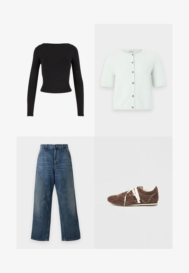 Kortærmet, lyseblå strikket cardigan med rund halsudskæring og syv knapper foran, vist på en lys baggrund.; Sort, langærmet crop top lavet af blødt, strækbart stof med et enkelt, tætsiddende design og en bred halsudskæring. Ingen mønstre eller udsmykninger.; Vidbenede denimjeans i en mediumblå vask med højtaljet pasform og kontrastpaneler. Fremstillet af robust bomuldsmateriale.; Brune suedestøvle med hvide snørebånd, rund tå, kontrastsyning og en struktureret sål. Minimalistisk design med klassiske atletiske træk.