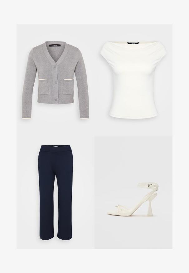 Grå cardigan med V-hals, frontknaplukning, to lommer og kontrasterende lyscreme kant på lommens kanter og ærmernes manchetter. Blød tekstur.; Hvid off-shoulder top, tætsiddende design, blødt strækstof, korte ærmer og en glat overflade uden synlige mønstre eller udsmykninger.; Marineblå lige ben bukser lavet af strækbart stof, med en flad talje og to sidelommer for funktionalitet.; Sandal med høj hæl i hvid læder med et elegant design, en transparent blokhæl og et dekorativt element ved tåen.