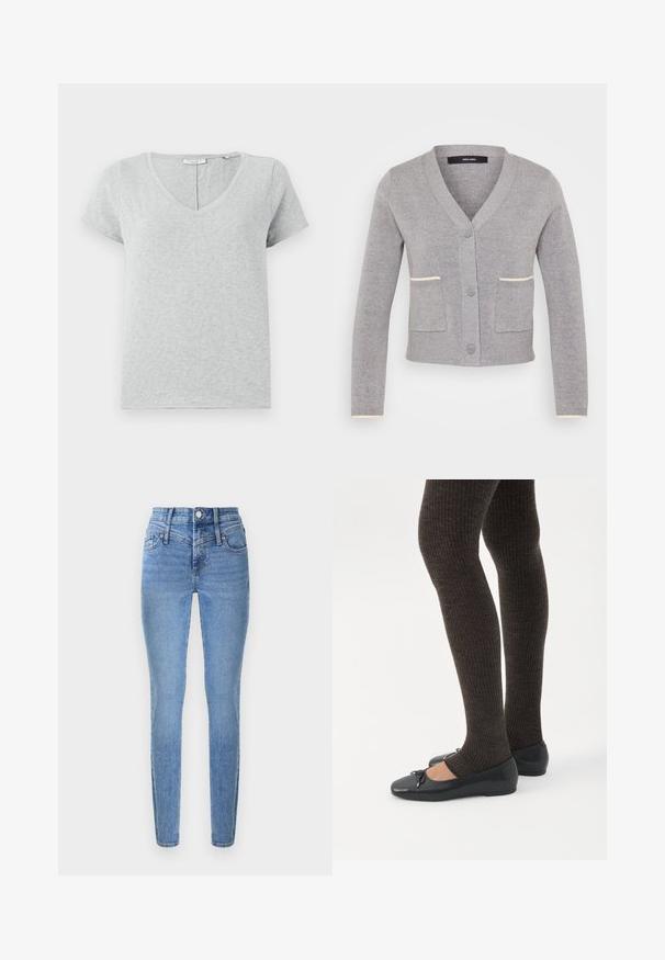Grijze cardigan met V-hals, sluiting met knopen aan de voorkant, twee zakken en contrasterende lichtcrème afwerking op de randen van de zakken en de mouwmanchetten. Zachte textuur.; Grijze T-shirt met korte mouwen, gemaakt van zachte stof met een V-hals en een ontspannen pasvorm. Heeft een subtiele textuur en een eenvoudig ontwerp.; Skinny jeans van lichtblauwe denim met een hoge taille, twee voorzakken en een ritssluiting. Kenmerkt zich door een gladde textuur en subtiele vervaging.; Benen met donkere geribbelde leggings gecombineerd met zwarte ballerina's met kleine strikdetails op een witte achtergrond.
