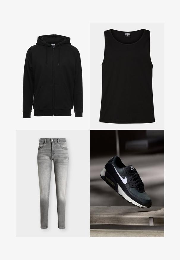 Sweat à capuche noir zippé en matière douce, avec une capuche, des poches avant et des poignets côtelés. Design simple sans motifs ni accents.; Débardeur noir en coton doux. Il présente un col rond et des emmanchures larges, sans motifs ni accents visibles.; Jean slim gris délavé avec un design à cinq poches et une fermeture par boutons, présenté sur un fond uni.; Baskets Nike Air Max noires et grises avec un logo blanc, suspendues au-dessus d'une surface en béton sur un fond sombre flou.