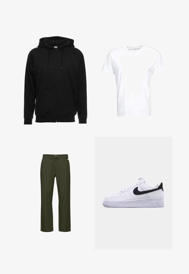 Sudadera negra con cremallera, hecha de material suave, que cuenta con capucha, bolsillos delanteros y puños acanalados. Diseño sencillo sin patrones ni acentos.; Camiseta de algodón blanca con cuello redondo y mangas cortas, con un corte clásico y una textura suave. Sin patrones ni elementos metálicos visibles.; Pantalones verde oliva con cintura de cordón, diseño de pierna recta, textura de tela suave y una etiqueta de logo sutil en el frente.; Zapatilla blanca de cuero con un Swoosh negro texturizado, cordones planos y una suela de goma con un patrón estriado. "AIR" está grabado en el talón.