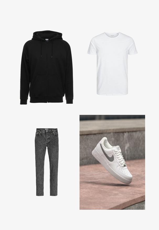 Schwarzer Kapuzenpullover mit Reißverschluss aus weichem Material, ausgestattet mit Kapuze, Fronttaschen und gerippten Bündchen. Einfaches Design ohne Muster oder Akzente.; Rundhals-T-Shirt mit kurzen Ärmeln in reinem Weiß, aus weicher Baumwolle, mit einem schlichten Design ohne sichtbare Muster oder Akzente.; Jack & Jones Relaxed Fit JJICHRIS JJORIGINAL SQ 734 - Jeans Tapered Fit - black denim; Weißer Nike Air Force 1 Sneaker mit grauem Swoosh-Logo, der über einer Steinoberfläche und einem grauen Steinwandhintergrund schwebt.