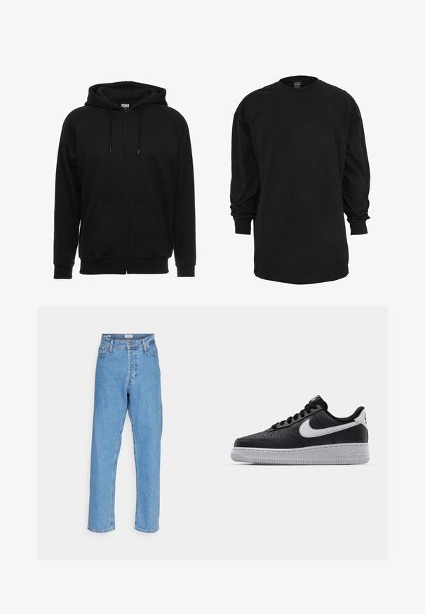 Zwarte hoodie met rits gemaakt van zacht materiaal, voorzien van een capuchon, voorzakken en geribbelde boorden. Eenvoudig ontwerp zonder patronen of accenten.; Zwart T-shirt met lange mouwen, gemaakt van katoen. Kenmerkt zich door een ronde halslijn en een reguliere pasvorm. Glad oppervlak zonder zichtbare patronen of accenten.; Lichtblauwe high-waisted recht gesneden jeans met een voorste knoop, ritssluiting, riemlussen en een vijf-pocket ontwerp op een witte achtergrond.; Zwarte lederen sneaker met een textuur oppervlak, witte Nike swoosh, grijze zool, ronde neus en vetersluiting. Bevat perforaties op de neus.