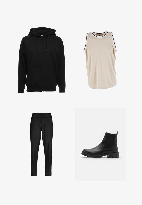 Sweat à capuche noir zippé en matière douce, avec une capuche, des poches avant et des poignets côtelés. Design simple sans motifs ni accents.; Débardeur en maille beige avec un col rond et une bordure à rayures blanches et noires, conçu pour un ajustement ample avec une texture douce.; Pantalon noir slim à taille élastique avec plis, conçu pour une coupe ajustée mais confortable.; Steve Madden QUADE - Bottines - black