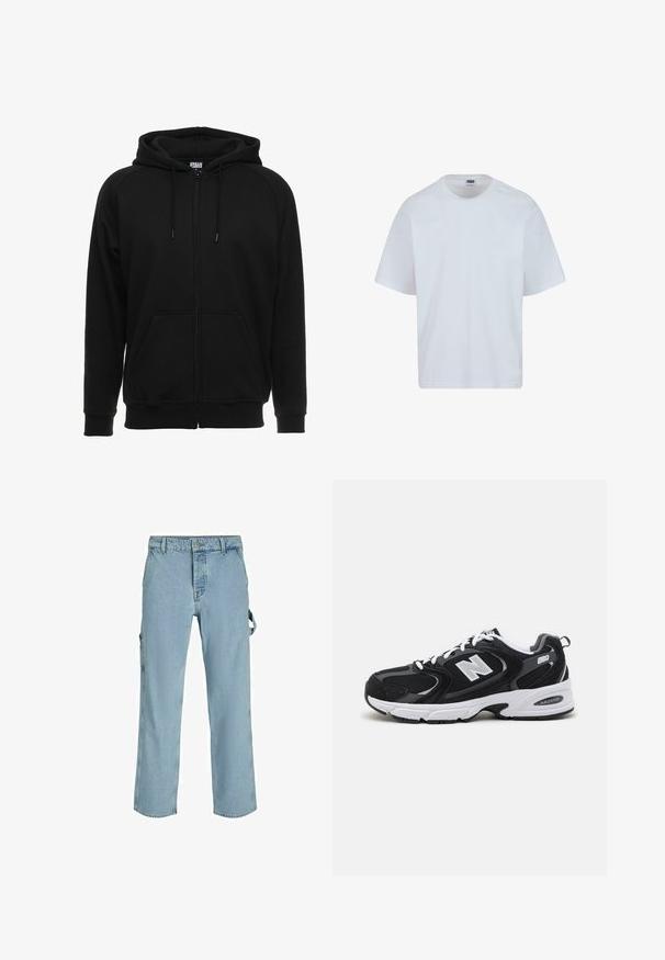 Zwarte hoodie met rits gemaakt van zacht materiaal, voorzien van een capuchon, voorzakken en geribbelde boorden. Eenvoudig ontwerp zonder patronen of accenten.; Witte katoenen T-shirt met een ronde hals, korte mouwen en een rechte snit. Kenmerkend zijn de subtiele stiksels op de schouders.; Lichtblauwe denim cargo pants met een ontspannen pasvorm, voorzien van zijbevestigingslussen en voorzakken, met een vervaagde textuur.; Zwarte en grijze sport schoenen met een bovenwerk van mesh en suede, voorzien van een witte tussenzool, veters en een gedurfde "N"-logo aan de zijkant.