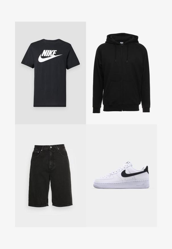 Zwarte hoodie met rits gemaakt van zacht materiaal, voorzien van een capuchon, voorzakken en geribbelde boorden. Eenvoudig ontwerp zonder patronen of accenten.; Zwarte korte mouwen T-shirt met wit Nike-logo en swoosh in het midden van de borst, weergegeven op een lichtgrijze achtergrond.; Zwarte high-waist denim shorts met knoop aan de voorkant, rits, riemlussen en vijf zakken, tegen een effen lichte achtergrond.; Witte leren sneaker met een gestructureerde zwarte Swoosh, platte veters en een rubberen zool met een geribbeld patroon. "AIR" is in de hak geperst.