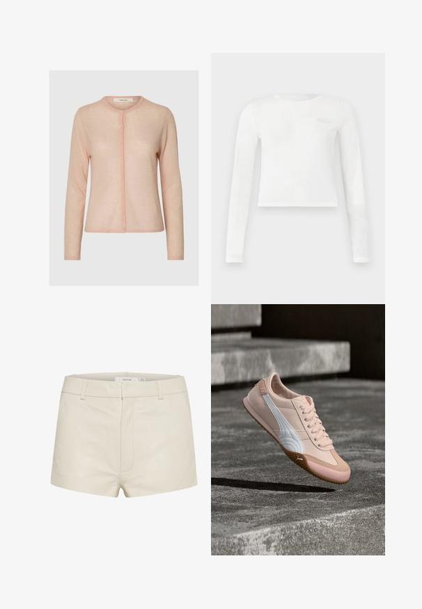Lichtroze, lange mouwen, vestje met knopen, ronde halslijn, dunne stof en merklabel "Selected" aan de binnenkant van de kraag.; Witte langslijvende cropped crewneck shirt met subtiele reliëflogo op de linkerborst en aansluitende mouwen.; Beige leren shorts met een gladde textuur, voorzien van een aansluitende taille, riemlussen en subtiele stiksels aan de voorkant. Eenvoudig, hedendaags ontwerp.; Lichtroze sportschoen met witte zijstreep en gumkleurige zool, zwevend boven grijze betonnen treden.