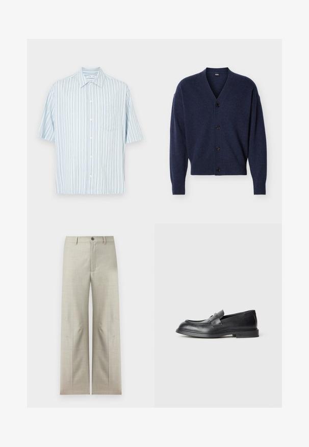 Cardigan en tricot bleu marine avec col en V, manches longues, poignets et ourlet côtelés, et quatre boutons noirs à l'avant.; Chemise à manches courtes à boutons, bleu clair avec des rayures verticales et une poche poitrine. Confectionnée en tissu léger. Col de coupe standard.; Pantalon formel beige clair à jambes droites, fermeture avec bouton et fermeture éclair, passants pour ceinture, présenté sur un fond blanc.; Mocassins en cuir noir avec une finition texturée, dotés d'une bride décorative à l'avant et d'un bout arrondi. Semelle en caoutchouc pour plus de durabilité.