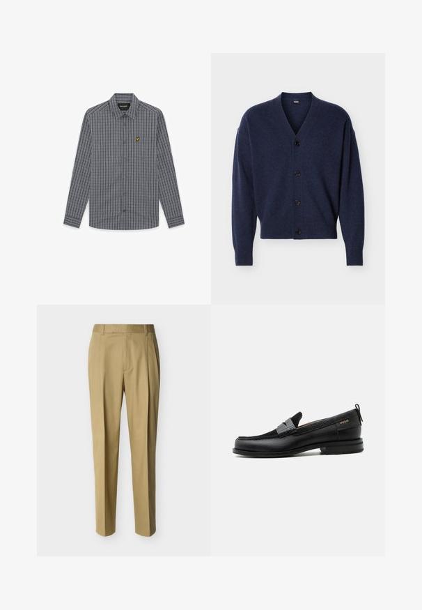 Cardigan en tricot bleu marine avec col en V, manches longues, poignets et ourlet côtelés, et quatre boutons noirs à l'avant.; Chemise à manches longues à carreaux noirs et blancs, boutonnée avec col et petit logo jaune sur le côté gauche de la poitrine.; Pantalon beige ajusté avec passants de ceinture et pli frontal, présenté sur un fond clair uni.; Mocassin en cuir noir avec détail de bride grise, talon bas et semelle texturée, marqué "HUGO" en or sur le côté.