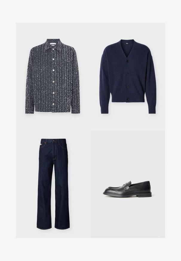 Cardigan en tricot bleu marine avec col en V, manches longues, poignets et ourlet côtelés, et quatre boutons noirs à l'avant.; Chemise marine à boutons avec un tissu texturé et à motif comprenant des accents blancs. Col à revers, manches longues avec une coupe décontractée. Boutons argentés visibles.; Jean droit en denim bleu foncé avec design à cinq poches et fermeture par boutons, présenté sur un fond clair uni.; Mocassins en cuir noir avec une finition texturée, dotés d'une bride décorative à l'avant et d'un bout arrondi. Semelle en caoutchouc pour plus de durabilité.