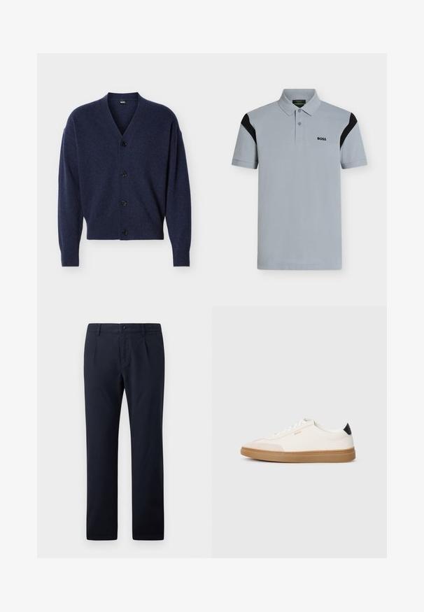 Marineblauwe gebreide cardigan met V-hals, lange mouwen, geribbelde manchetten en zoom, en vier zwarte knopen aan de voorkant.; Lichtgrijs polohemd met korte mouwen, zwarte schouderaccenten en het "BOSS"-logo op de linkerborst, met een kraag met twee knopen.; Marineblauwe broek gemaakt van een katoenmix stof, met een vlakke voorkant, twee zijvakken en subtiele plooien.; Witte sneakers met beige accenten, bovenwerk van glad leer, ronde neus en rubberen gumzool, met een zwarte hieltab en subtiele branding.