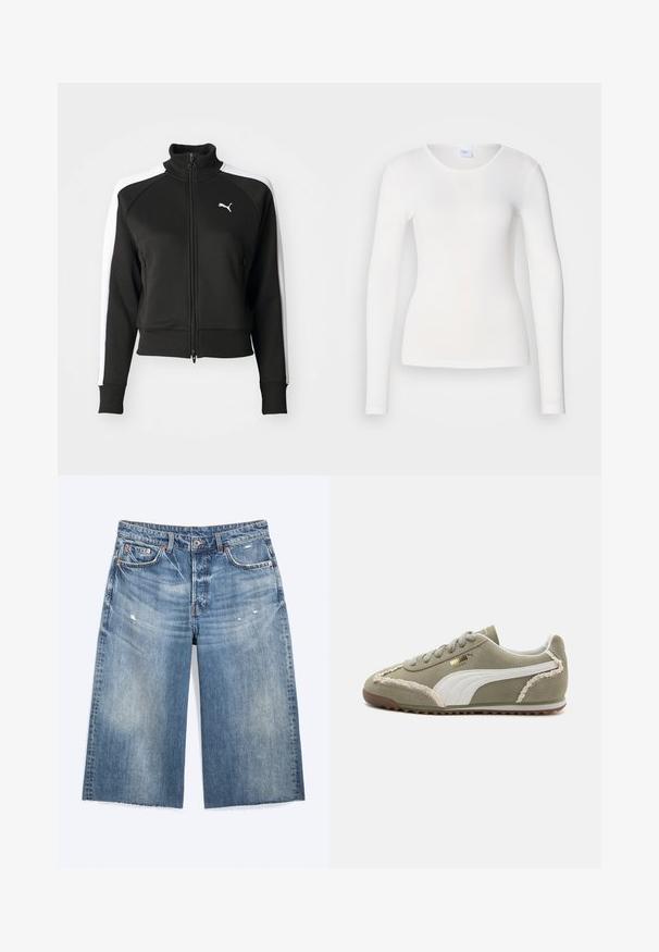 Zwarte zip-up jas met hoge kraag, voorzien van witte zijpanelen en een klein wit logo op de borst. Geribde manchetten en onderrand.; Witte lange mouwen shirt gemaakt van een zachte, gladde stof; heeft een ronde halslijn en een aansluitende vorm, zonder patronen of versieringen.; Blauwe denim knielange shorts met lichte slijtage, voorzakken, riemlussen en een knoopsluiting.; Groene suède sneakers met witte leren accenten, geprofileerde stiksels, vetersluiting aan de voorkant en rubberen zool. Bevat unieke ontwerpelementen langs de zijkanten.