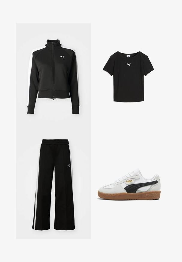 Sort zip-jakke med høj krave, der har hvide sideskåringsdetaljer og et lille hvidt logo på brystet. Ribkanter på ærmerne og nederste kant.; Sort ribstrikket Puma T-shirt med korte ærmer, rund halsudskæring og hvidt Puma-logo centreret på brystet.; Sorte bukser med vide ben, elastisk talje, lodrette hvide striber, sidelivlommer og et lille logo på låret.; Hvide lædersneakers med en sort ruskindsstribe, gummigummisål og guldbranding på siden. Snørebånddesign med en afrundet tå.