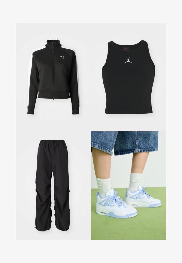 Zwarte zip-up jas met hoge kraag, voorzien van witte zijpanelen en een klein wit logo op de borst. Geribde manchetten en onderrand.; Zwarte, op maat gemaakte tanktop van katoen, met een ronde halslijn en een wit Jordan-logo dat op het midden van de voorkant is gestikt. Soepele textuur.; Zwarte elastische taillebandbroek van waterafstotend materiaal. Heeft een losse pasvorm metGathered cuffs bij de enkels en geen zichtbare patronen.; Witte en lichtblauwe sneakers met gaasaccenten, een ronde neus, veters en een luchtkusseneenheid, gecombineerd met witte geribde sokken en denim short.