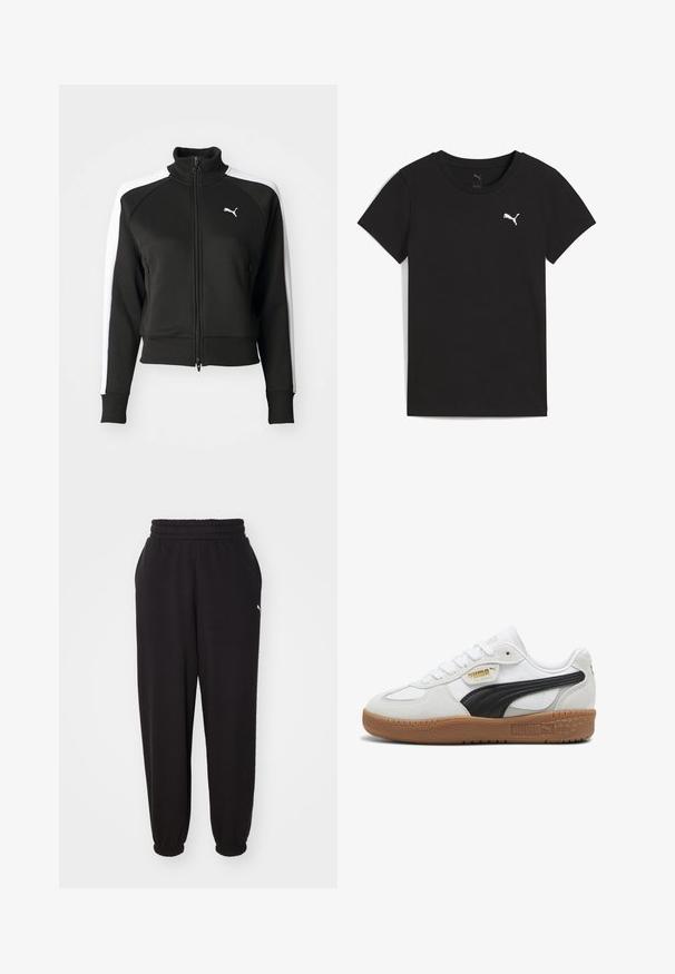 Veste zippée noire avec col haut, présentant des accents de panneaux latéraux blancs et un petit logo blanc sur la poitrine. Poignets et ourlet côtelés.; T-shirt Puma noir à manches courtes avec col rond et logo Puma blanc sur le côté gauche de la poitrine.; Pantalon de survêtement noir en tissu doux, avec une taille côtelée et des chevilles resserrées. Comprend un petit logo sur le côté.; Baskets en cuir blanc avec une bande en daim noir, semelle en caoutchouc gomme et logo doré sur le côté. Design à lacets avec un embout arrondi.
