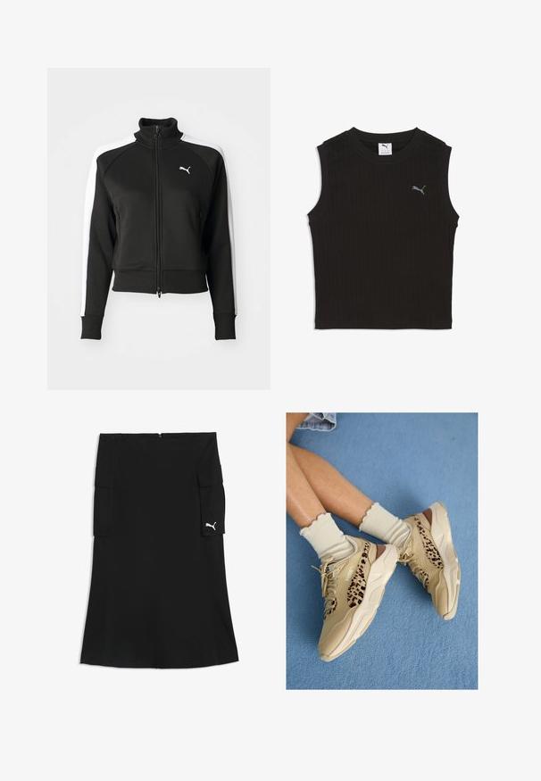 Chaqueta negra con cierre de cremallera y cuello alto, que cuenta con acentos en paneles laterales blancos y un pequeño logo blanco en el pecho. Puños y dobladillo acanalados.; Top corto negro sin mangas con textura acanalada, cuello redondo y pequeño logo gris de Puma en el pecho izquierdo.; Falda negra hasta la rodilla con bolsillos cargo en ambos lados y un pequeño logo blanco de Puma en la solapa del bolsillo derecho.; Piernas cruzadas con zapatillas Puma beige con rayas de estampado de leopardo y calcetines crema con volantes sobre una alfombra azul.
