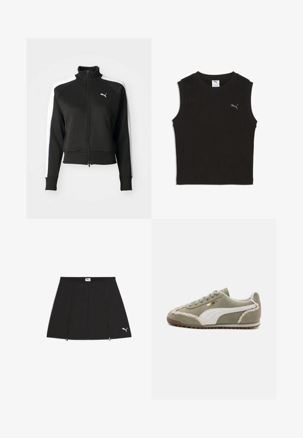 Chaqueta negra con cierre de cremallera y cuello alto, que cuenta con acentos en paneles laterales blancos y un pequeño logo blanco en el pecho. Puños y dobladillo acanalados.; Top corto negro sin mangas con textura acanalada, cuello redondo y pequeño logo gris de Puma en el pecho izquierdo.; Falda atlética negra con un diseño acampanado, fabricada en un tejido suave. Cuenta con bolsillos frontales con cremallera y un logo de Puma en blanco en la parte inferior derecha.; Zapatillas de ante verde con acentos de cuero blanco, costuras texturizadas, parte frontal con cordones y suela de goma. Presenta detalles de diseño únicos a lo largo de los lados.